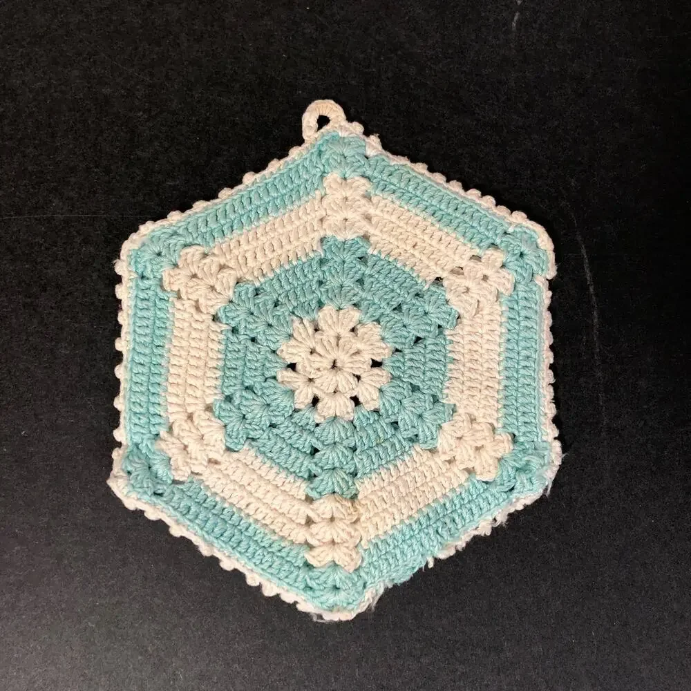 Vintage Potholders, Crocheted Pink, Aqua Blue, Red and White, Set of Four Retro